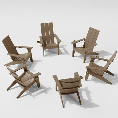 MXIMU Modern Adirondack Chairs Set of 6 Weather Resistant with Cup Holder Oversize Plastic Fire Pit Chairs Plastic Outdoor Chairs for Firepit Area Seating (Teak)