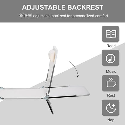 Outdoor Tanning Chair with Pillow, Folding Chaise Lounge Chair with Adjustable Backrest, Portable Lay Flat Beach Lounge Chairs for Sunbathing Poolside Patio Lawn Camping(Cream White)