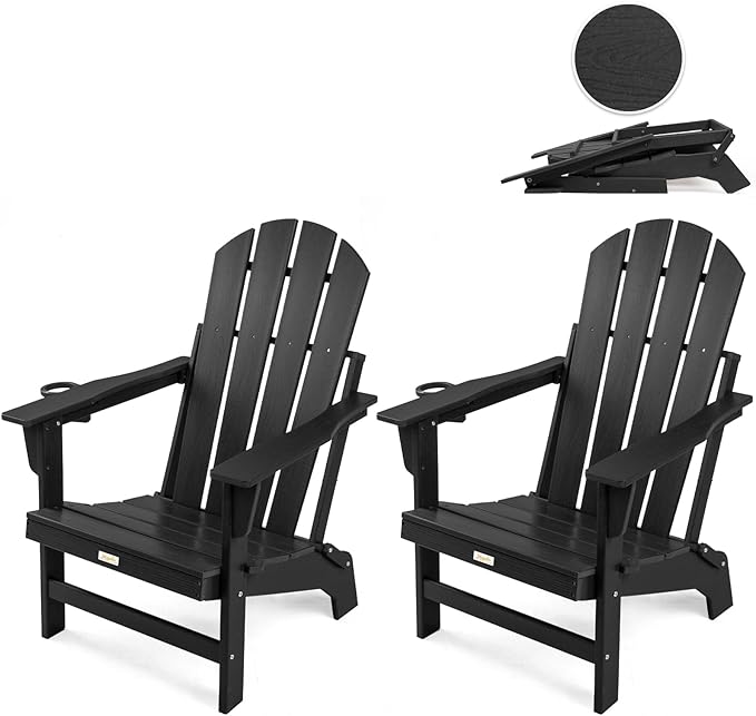Folding Adirondack Chairs Set of 2, All Weather Stable Gun-Leg Design Fire Pit Chairs with Cupholder for Outside