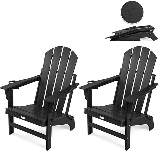 Folding Adirondack Chairs Set of 2, All Weather Stable Gun-Leg Design Fire Pit Chairs with Cupholder for Outside