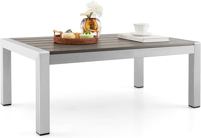 Tangkula Aluminum Outdoor Coffee Table, Modern Rectangular Cocktail Table with Plastic Wood Tabletop & Rustproof Aluminum Frame, All-Weather Accent Table for Patio, Poolside, Garden (Grey)