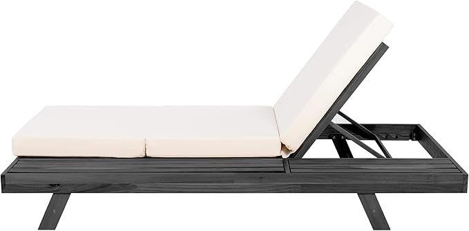 Christopher Knight Home Dami Patio Chaise Lounge Chair Outdoor with Foldable Cushion, Acacia Wood Poolside Sun Lounger with Space Available On One Side, Adjustable Backrest Pool Lounger, Black + Cream