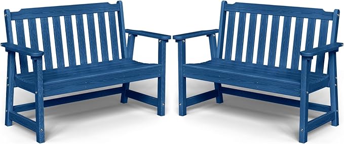 Outdoor Bench, 2-Person HDPE Garden Bench, All Weather Poly Patio Bench for Outdoors, Garden, Backyard, Porch and Park, 660 lbs Weight Capacity, Navy Blue, 2 Pack