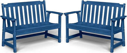 Outdoor Bench, 2-Person HDPE Garden Bench, All Weather Poly Patio Bench for Outdoors, Garden, Backyard, Porch and Park, 660 lbs Weight Capacity, Navy Blue, 2 Pack