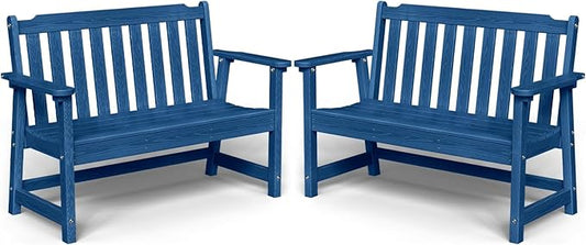 Outdoor Bench, 2-Person HDPE Garden Bench, All Weather Poly Patio Bench for Outdoors, Garden, Backyard, Porch and Park, 660 lbs Weight Capacity, Navy Blue, 2 Pack