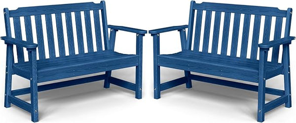 Outdoor Bench, 2-Person HDPE Garden Bench, All Weather Poly Patio Bench for Outdoors, Garden, Backyard, Porch and Park, 660 lbs Weight Capacity, Navy Blue, 2 Pack