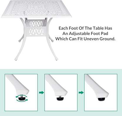 VIVIJASON 35.4" Outdoor Patio Dining Square Table White Cast Aluminum Rustic Large Patio Table with Umbrella Hole