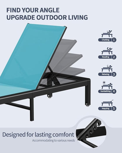 Aluminum Lounge Chairs Outdoor Chaise Furniture,2 Sets Patio Metal Deck Lounger Adjustable 5-Position Poolside Chase Recliner with Wheels for Beach,Coffee Table, (Blue, 1 Chair)