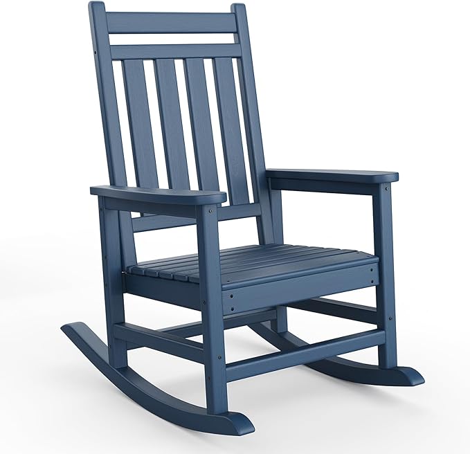 GarveeHome Adirondack Outdoor Rocking Chair, All Weather HDPE Plastic Patio Rocker Chair with Wide Armrests, Classic Fire Pit Chair for Porch, Deck, Lawn, Garde, 380LBs, Easy to Install, Navy Blue