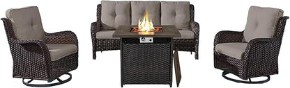 Belord 4 Piece Patio Wicker Furniture Set, Outdoor Swivel Rocker Chairs, All Weather Outdoor Patio Couch with Fire Pit Table for Deck Porch, Brown Wicker/Gray