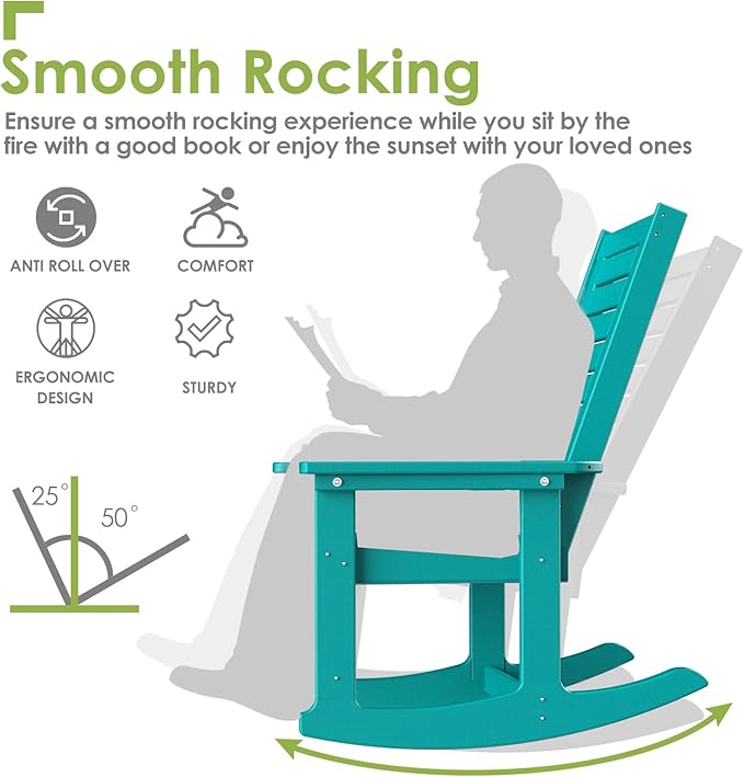 GREENVINES Outdoor Rocking Chairs | Set of 4 | Porch Rocker | HDPE Plastic | Aqua | Oversized Rockers | High Back | Big & Tall | Ladder Back | for Patio Outside Backyard Balcony Garden