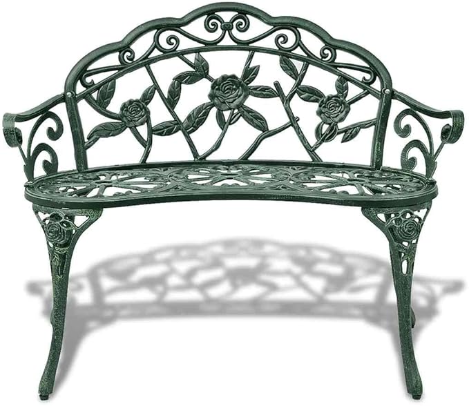 Cast Aluminum and Cast Iron Garden Bench with Floral Pattern in Green Finish, 39.4 Inch Durable Outdoor Seating for Patio and Backyard, Comfortable Armrests and Easy