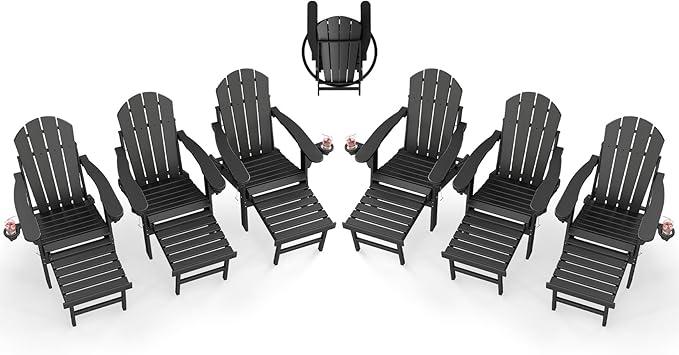 BRIOPAWS Adirondack-Chairs-with-Pull-Out-Footrest | Set of 6 | Folding | HDPE Plastic | Fire Pit Chair | All Weather | Cup Holders | Curved Back | Retractable Ottoman | for Poolside Deck | Black