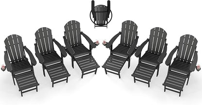 BRIOPAWS Adirondack-Chairs-with-Pull-Out-Footrest | Set of 6 | Folding | HDPE Plastic | Fire Pit Chair | All Weather | Cup Holders | Curved Back | Retractable Ottoman | for Poolside Deck | Black