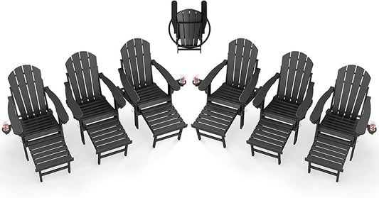 BRIOPAWS Adirondack-Chairs-with-Pull-Out-Footrest | Set of 6 | Folding | HDPE Plastic | Fire Pit Chair | All Weather | Cup Holders | Curved Back | Retractable Ottoman | for Poolside Deck | Black