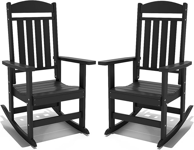 Outdoor Rocking Chairs Set of 2, Oversized High Back Patio Rocking Chairs, All Weather Porch Rocking Chairs for Outside. Black
