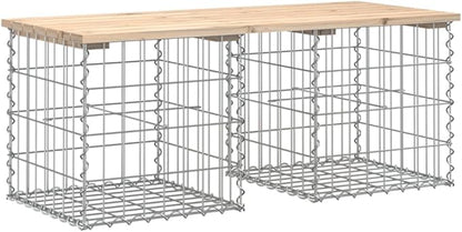 Heavy Duty Solid Pine Wood Garden Bench with Galvanized Steel Gabion Base, Brown Rustic Rectangular Outdoor Bench for Patio Garden Porch Balcony, Seating for 2 Adults