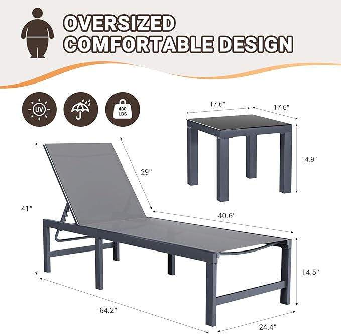 Amopatio Patio Chaise Lounge Set of 3, 24.4" Wider Outdoor Lounge Chairs with Table - Photo 3