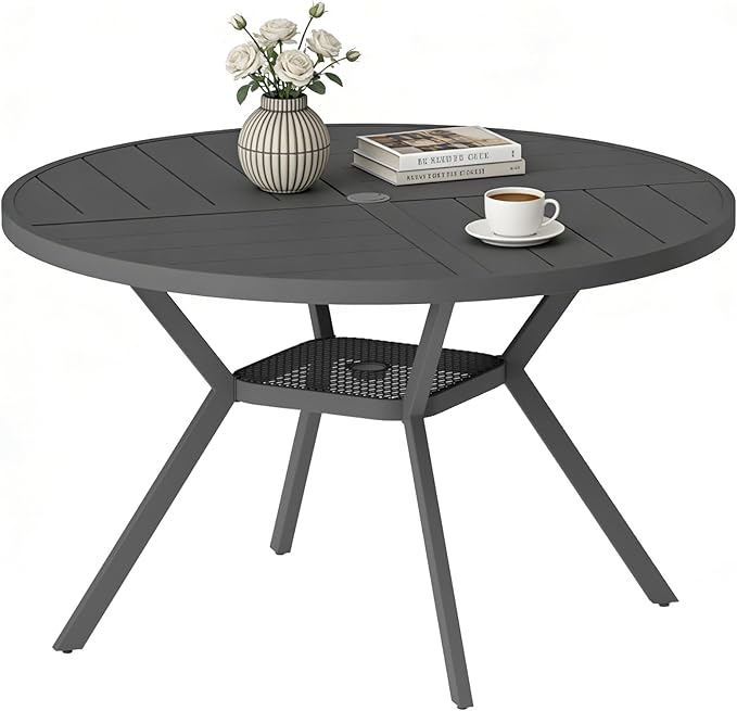 47" Outdoor Patio Table Dining Table, All Weather Metal Round Patio Table with Adjustable Umbrella Hole - Photo 1