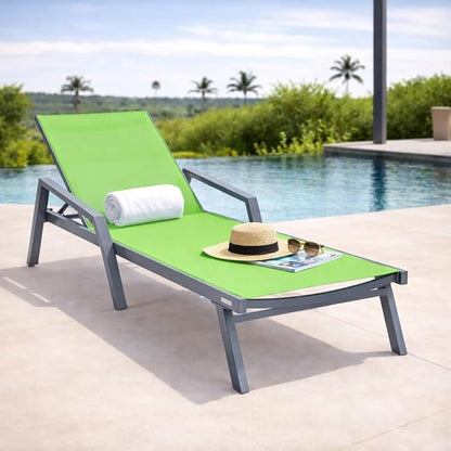LeisureMod Marlin Patio Chaise Lounge Chair, Adjustable Outdoor Grey Aluminum Lounge with Breathable Mesh Sling Back, Lightweight Poolside Reclining Sun Lounger Weather & UV Resistant (Green)