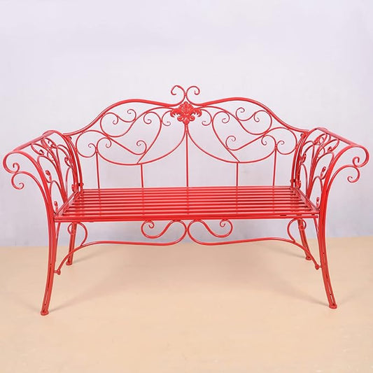 Retro Metal Garden Bench, 2-Seater Loveseat with Curved Backrest & Armrests, Outdoor Patio Chair for Yard, Park, Porch, Backyard - Max Weight 250kg (Red)