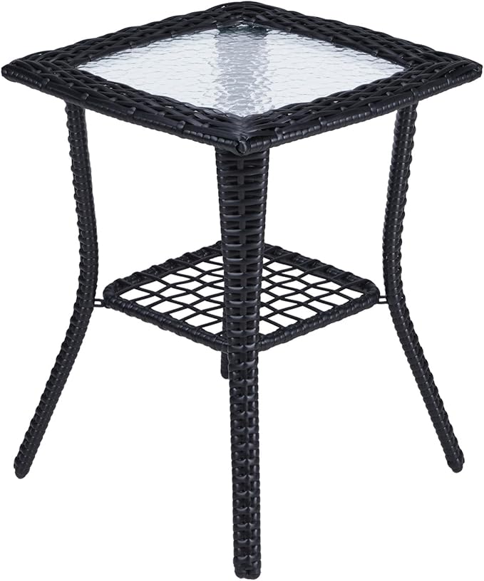 Henf Wicker Rattan Side Table Outdoor Square End Table Coffee Table with Glass Top, Patio Wicker Garden Side Table Small End Table with Storage for Patio Courtyard Balcony, Black-style B