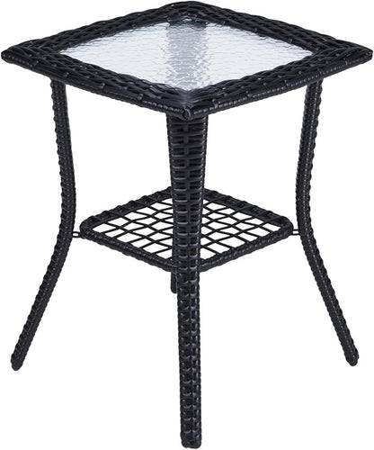 Henf Wicker Rattan Side Table Outdoor Square End Table Coffee Table with Glass Top, Patio Wicker Garden Side Table Small End Table with Storage for Patio Courtyard Balcony, Black-style B