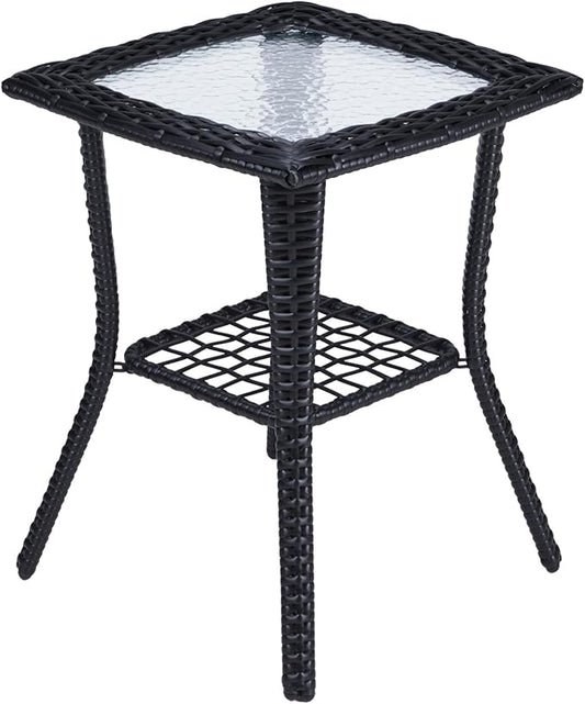Henf Wicker Rattan Side Table Outdoor Square End Table Coffee Table with Glass Top, Patio Wicker Garden Side Table Small End Table with Storage for Patio Courtyard Balcony, Black-style B