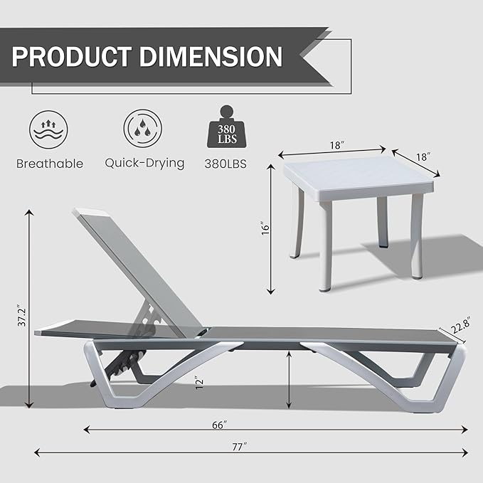 Domi Outdoor Chaise Lounge Chair, Aluminum Patio Lounge Chair with 5 Position Adjustable Backrest and Side Table, for Poolside, Beach, Yard(1 Grey Chair W/Table)