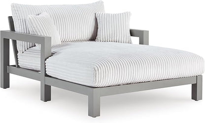 Signature Design by Ashley Moonlight View Contemporary Nuvella Weather Resistant Fabric Outdoor Chaise Lounge with Zippered Removable Cushions and Throw Pillows, Light Gray & Beige