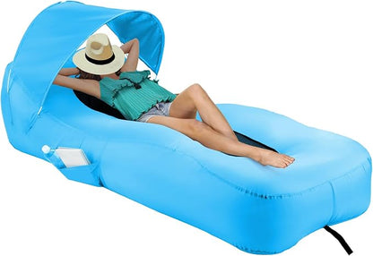 Inflatable Lounger Beach Chair with Unique Sun-Shade Design, Inflatable Air Sofa with Pillow, Waterproof Inflatable Couch Blow up Lounger Hammock for Hiking Backyard Beach Festivals (Sky Blue)