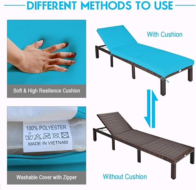 Tangkula Rattan Wicker Chaise Lounge Chair, Outdoor Patio Lounger Recliner Chair w/Adjustable Backrest, Heavy-Duty Reclining Chair Sunbed w/Thick Zippered Cushion for Garden Yard Patio (2, Turquoise)
