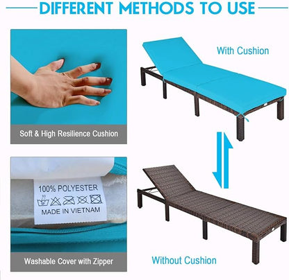 Tangkula Rattan Wicker Chaise Lounge Chair, Outdoor Patio Lounger Recliner Chair w/Adjustable Backrest, Heavy-Duty Reclining Chair Sunbed w/Thick Zippered Cushion for Garden Yard Patio (2, Turquoise)