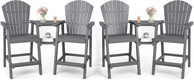 FOOWIN Tall Adirondack Chair Set of 4, All Weather HDPE Bar Height Adirondack Chair with Double Connecting Trays, Adirondack Barstools for Balcony, Deck, Backyard, Patio, Garden Grey