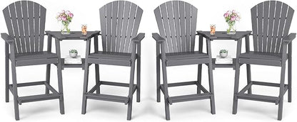 FOOWIN Tall Adirondack Chair Set of 4, All Weather HDPE Bar Height Adirondack Chair with Double Connecting Trays, Adirondack Barstools for Balcony, Deck, Backyard, Patio, Garden Grey