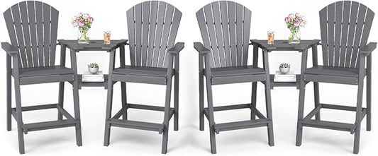FOOWIN Tall Adirondack Chair Set of 4, All Weather HDPE Bar Height Adirondack Chair with Double Connecting Trays, Adirondack Barstools for Balcony, Deck, Backyard, Patio, Garden Grey