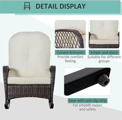 Outdoor Wicker Rocking Chair, PE Rattan Patio Rocker with Cushioned Removable Washable Covers for Porch, Garden, Backyard, Balcony(White)