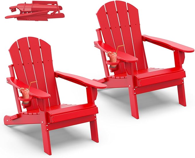 IVY&LANE Folding-Adirondack-Chairs-Set-of-2 | HDPE Plastic | Outdoor Fire Pit Chair with Cup Holder | Red | Poly | Weather Resistant | for Patio Deck Poolside Garden Beach