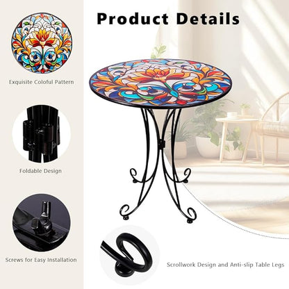 Outdoor Side Table, Mosaic Round Accent Table, Metal Indoor Small End Tables, 18" Plant Stand Tables for Patio Balcony Garden Bedside