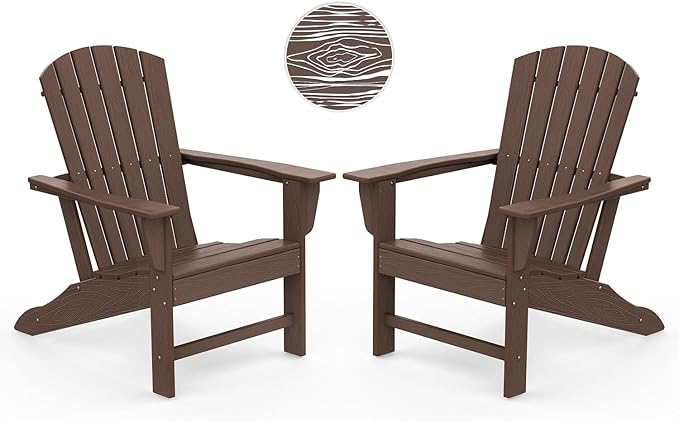 IVY&LANE Adirondack Chairs Set of 2 | Wood Grain HDPE Plastic | Outdoor Fire Pit Chairs | Oversized | All-Weather | Dark Brown | for Outside Deck Backyard Patio Poolside Porch Lawn