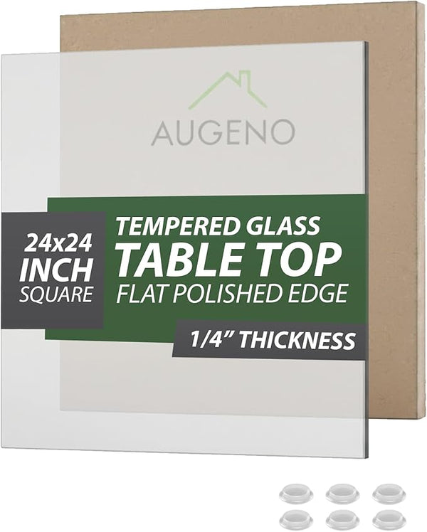 24 inch Square 1/4" Thick Flat Polished Edge Glass Table Top with 6 Bumpers - Tempered - Photo 1