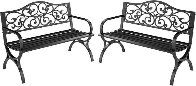 MFSTUDIO Outdoor Metal Bench Set of 2, 50 Inches Outdoor Garden Bench, Cast Iron Metal Frame Patio Park Bench with Floral Pattern Backrest, Arch Legs for Porch Lawn Yard, Black
