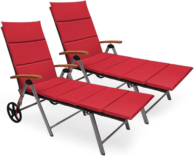 COSTWAY 2PCS Patiojoy Folding Patio Rattan Lounge Chair Aluminum Adjustable Wheel Red