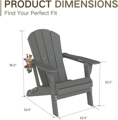 Kingdura Folding Adirondack Chairs Set of 2, Portable HDPE Outdoor Patio Chair with Wooden Textured & Cup Holder, Weather Resistant, 380LBS Capacity for Pool, Backyard, Balcony, Fire Pit (Grey)