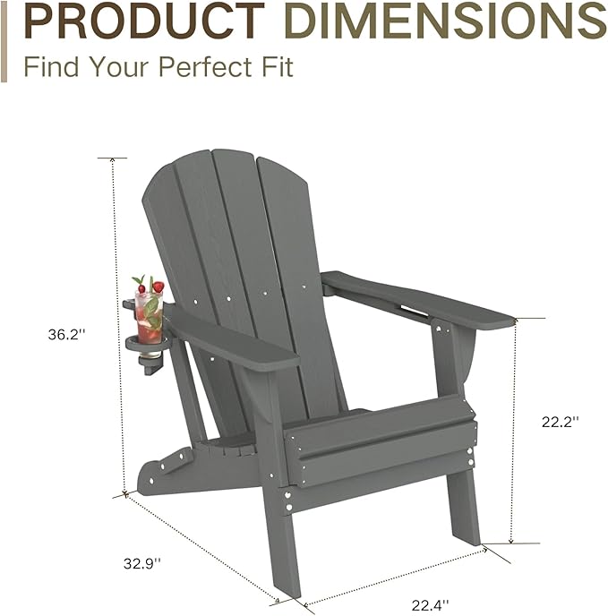 Kingdura Folding Adirondack Chairs Set of 4, Portable HDPE Outdoor Patio Chair with Wooden Textured & Cup Holder, Weather Resistant, 380LBS Capacity for Pool, Backyard, Balcony, Fire Pit (Grey)