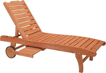 Outvita 62" Outdoor Wooden Chaise Lounge Chair, Adjustable Backrest Sun Lounger with Wheels for Beach, Poolside, Deck, Porch & Garden
