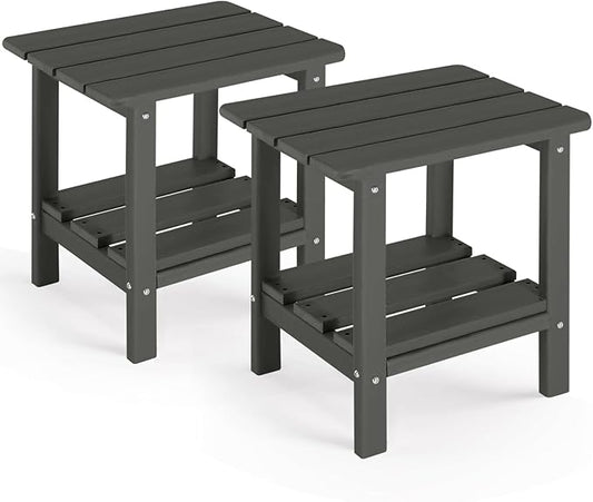 Adirondack Outdoor Side Table Set of 2, 2-Tier Small Patio End Table, Weather Resistant HDPE Outdoor End Tables for Garden, Lawn, Pool, Beach, Porch, Deck, Backyard - Square, Dark Gray