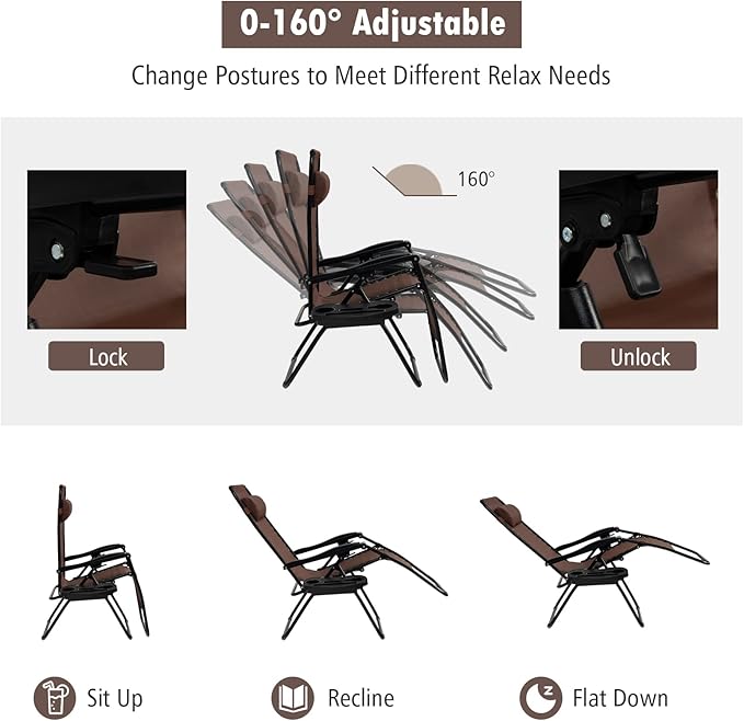 Tangkula Set of 2 Zero Gravity Chair, Folding Patio Lounge Chair Adjustable Outdoor Recliner with Cup Holder - Photo 4