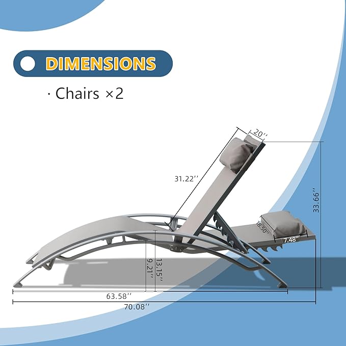 Domi Pool Lounge Chairs Set of 2, Aluminum Adjustable Outdoor Chaise Lounge - Photo 2