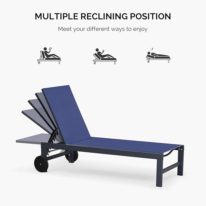 PURPLE LEAF Outdoor Chaise Lounge with Wheels for Outside Aluminum 4 Pieces Patio Lounge Chair with 5 Adjustable Position Recliner for Patio Beach Yard Pool Side Table Included Navy Blue
